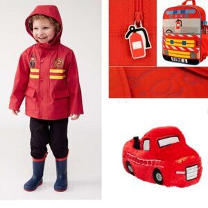Firetruck rain jacket, backpack and slippers size 5T
